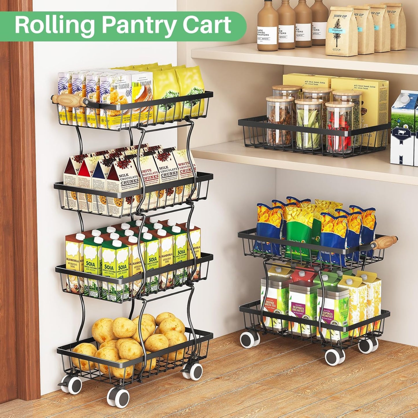Fruit Basket Kitchen Pantry Organizers and Storage - 4 Tier Stackable Metal Wire Basket Stand for Fruit Vegetable Snacks Jars Bins Containers Organization, Black