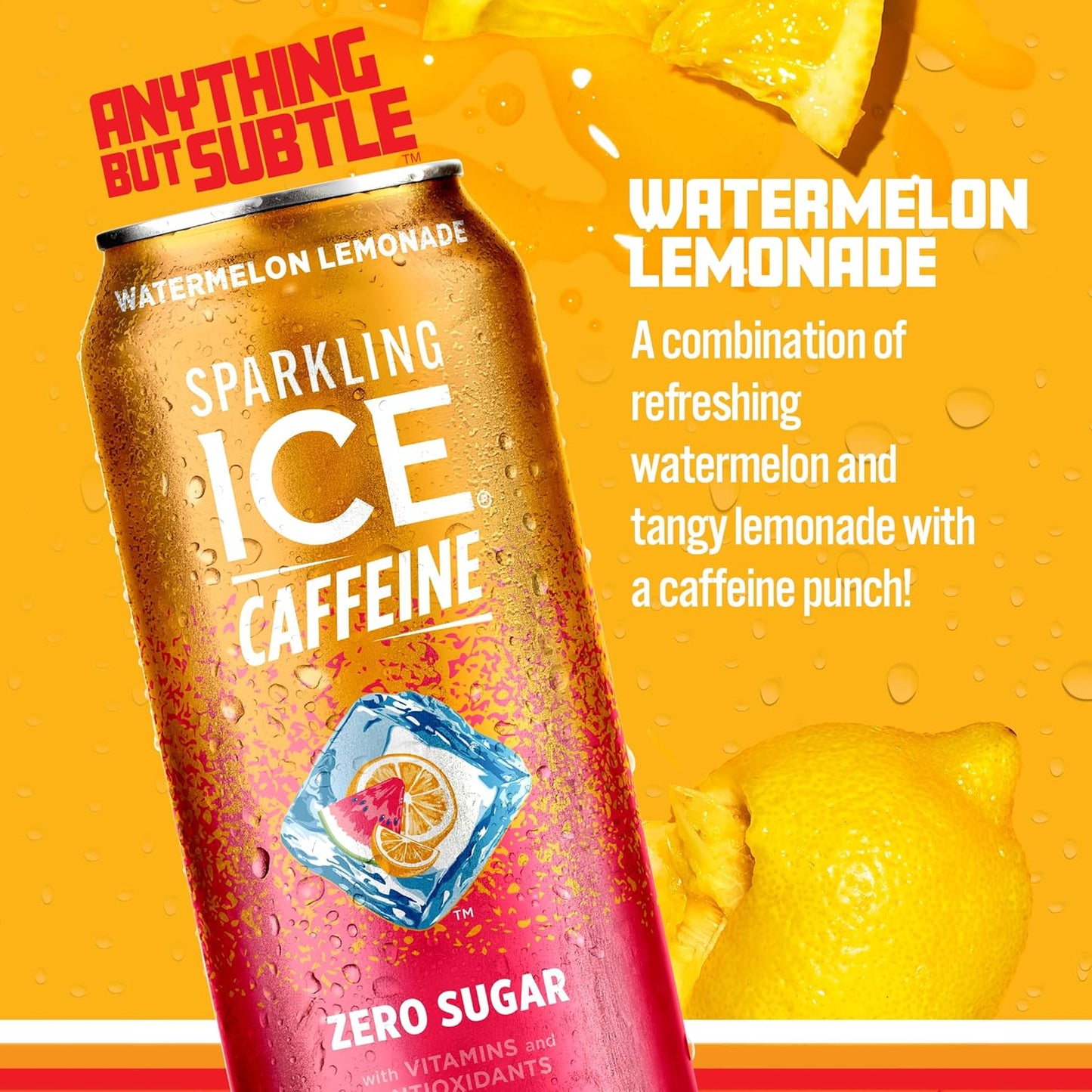 Sparkling Ice Caffeine Watermelon Lemonade Sparkling Water with Caffeine, Zero Sugar, with Antioxidants and Vitamins,16 fl oz Cans (Pack Of 12)
