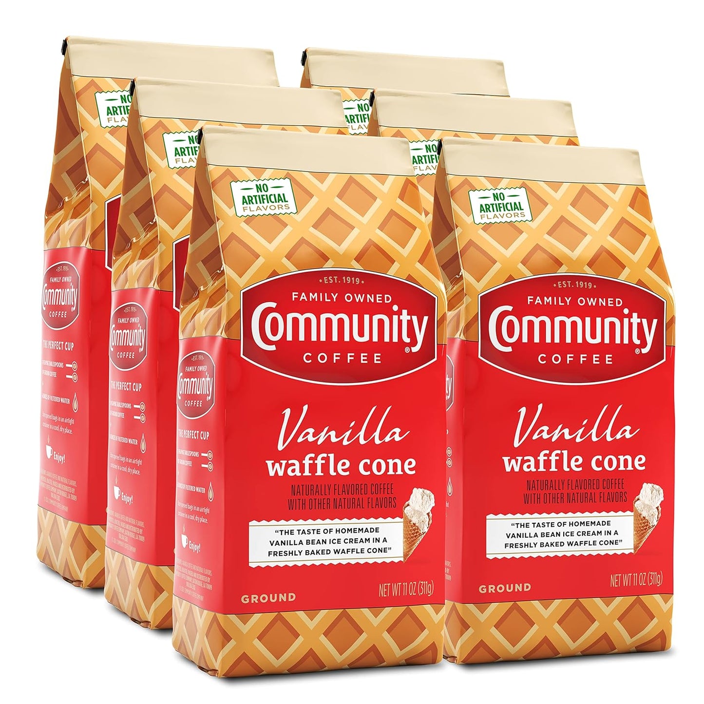 Community Coffee Vanilla Waffle Cone 66 Ounces, Ice Cream Flavored Ground Coffee, 11 Ounce Bag (Pack of 6)