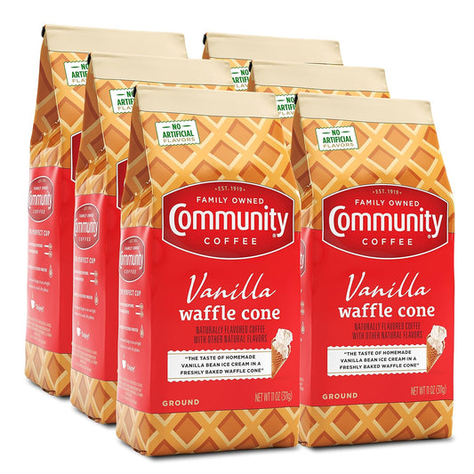 Community Coffee Vanilla Waffle Cone 66 Ounces, Ice Cream Flavored Ground Coffee, 11 Ounce Bag (Pack of 6)