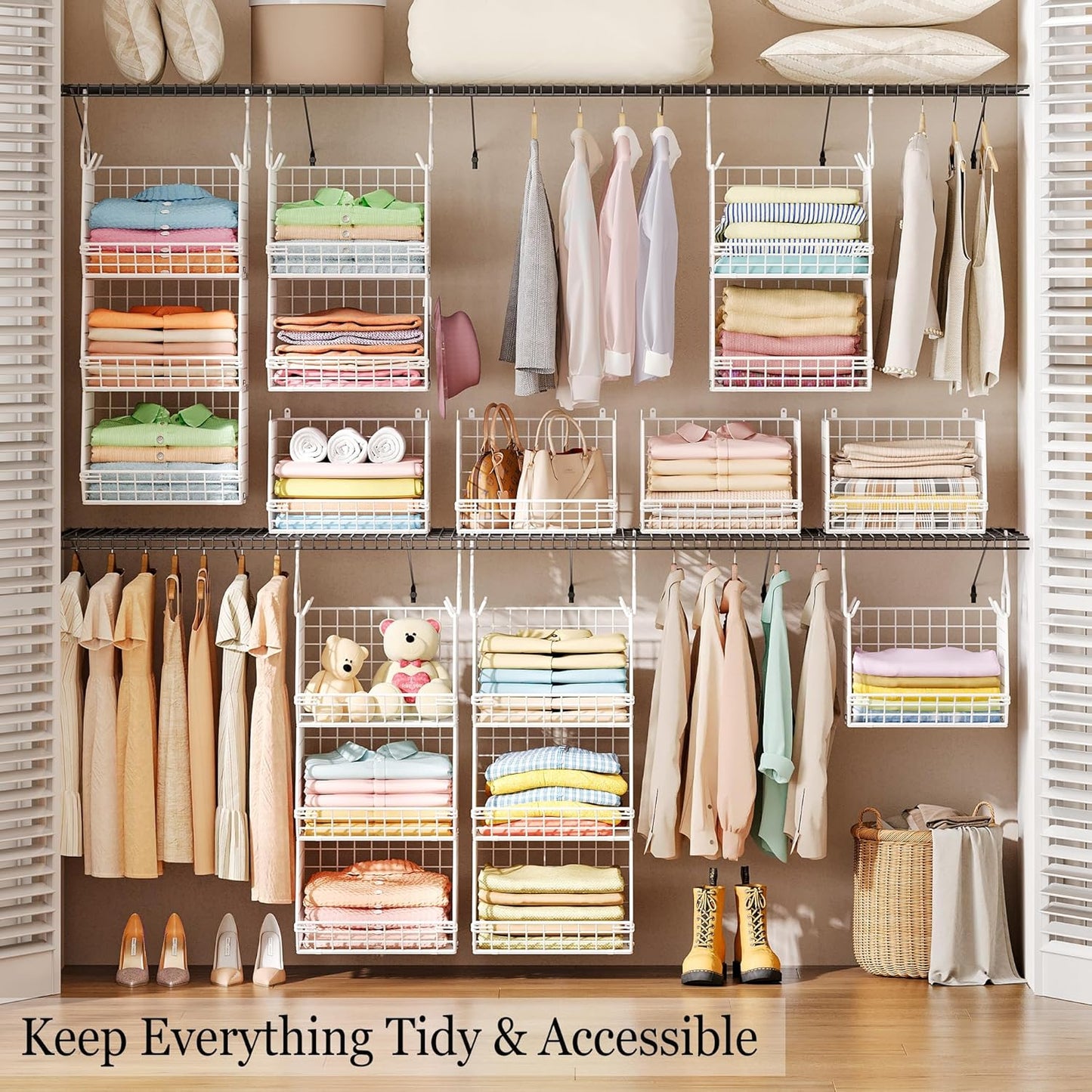 X-cosrack 3 Tier Foldable Closet Organizer, Clothes Shelves with 5 S Hooks, Wall Mount&Cabinet Wire Storage Basket Bins, for Clothing Sweaters Shoes Handbags Clutches Accessories-White Patent Design