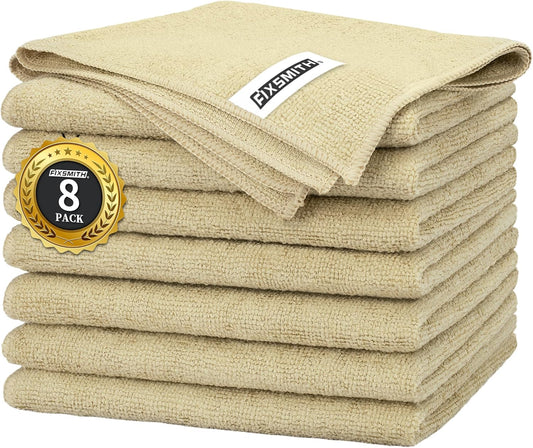 FIXSMITH Beige Microfiber Cleaning Cloth -Pack of 8, Highly Absorbent Cleaning Rags, 16"X12" All Purpose Cleaning Towels for Housekeeping, Kitchen, Car, Lint Free and Reusable Microfiber Towels