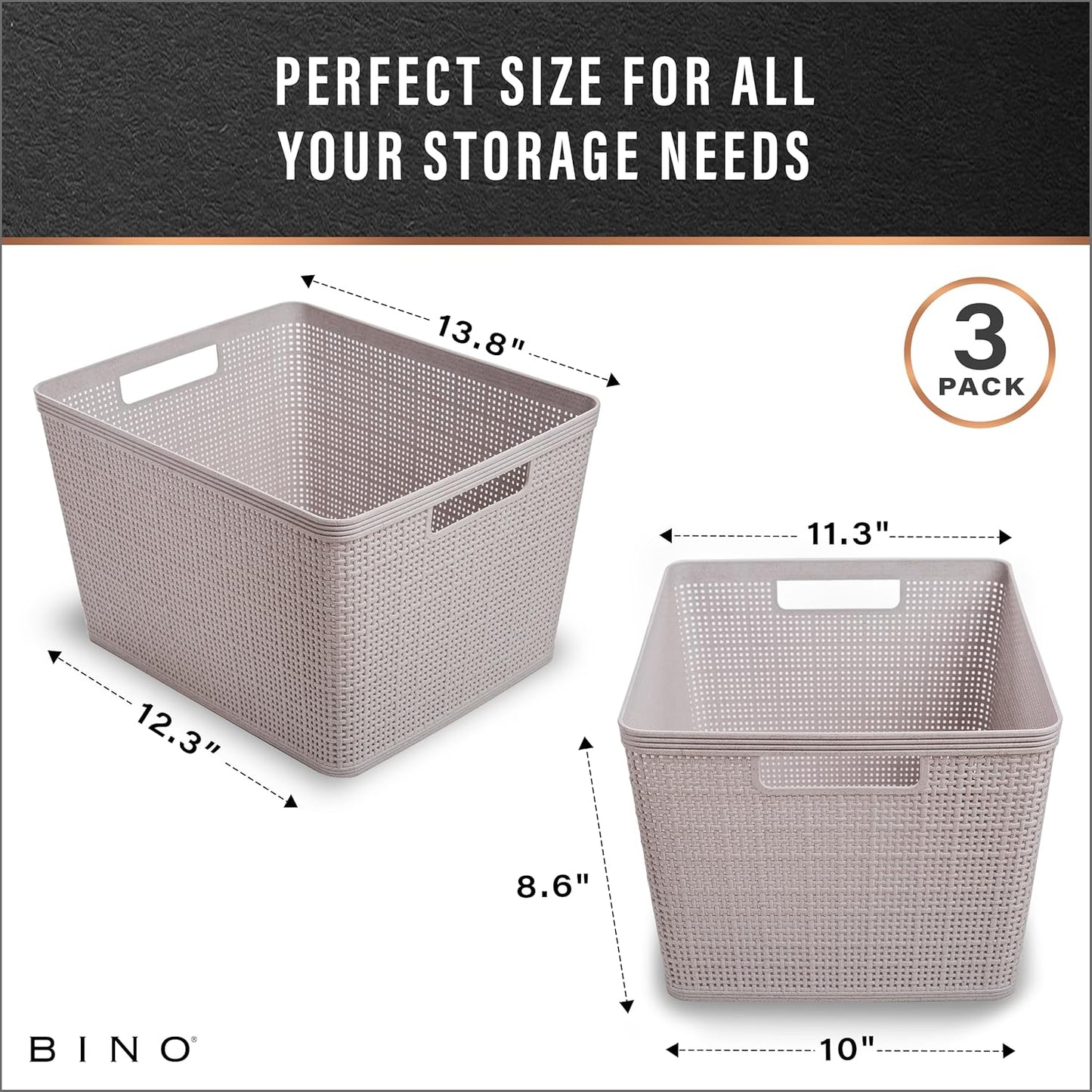 BINO | Woven Plastic Basket | Large (Natural Grey), 3-Pack | THE JUTE COLLECTION | Home Organization, Space - Saving Storage, Stylish Design | Jute Basket | Plastic Storage Basket
