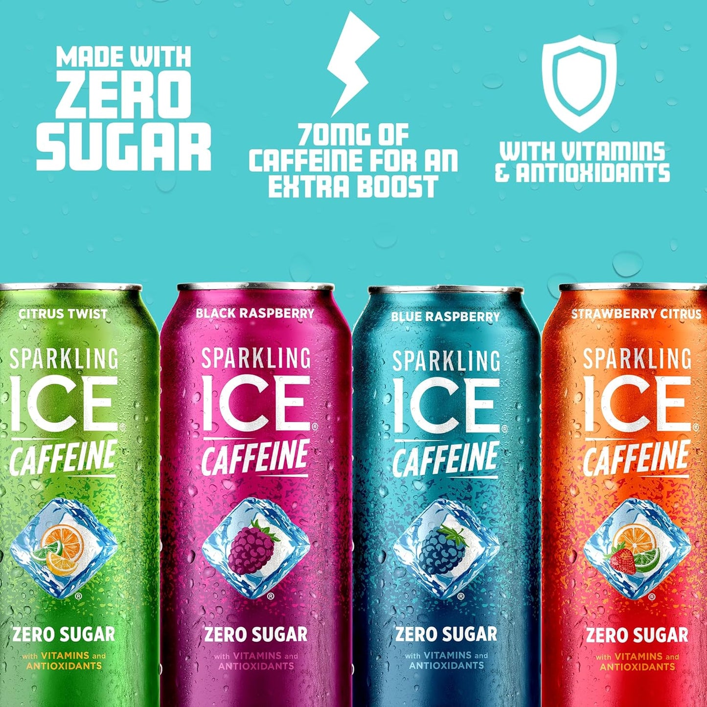 Sparkling Ice Caffeine Variety Pack, Flavored Sparkling Water, Zero Sugar, with Vitamins and Antioxidants, 16 fl oz, 12 count (Citrus Twist, Black Raspberry, Blue Raspberry, Strawberry Citrus)