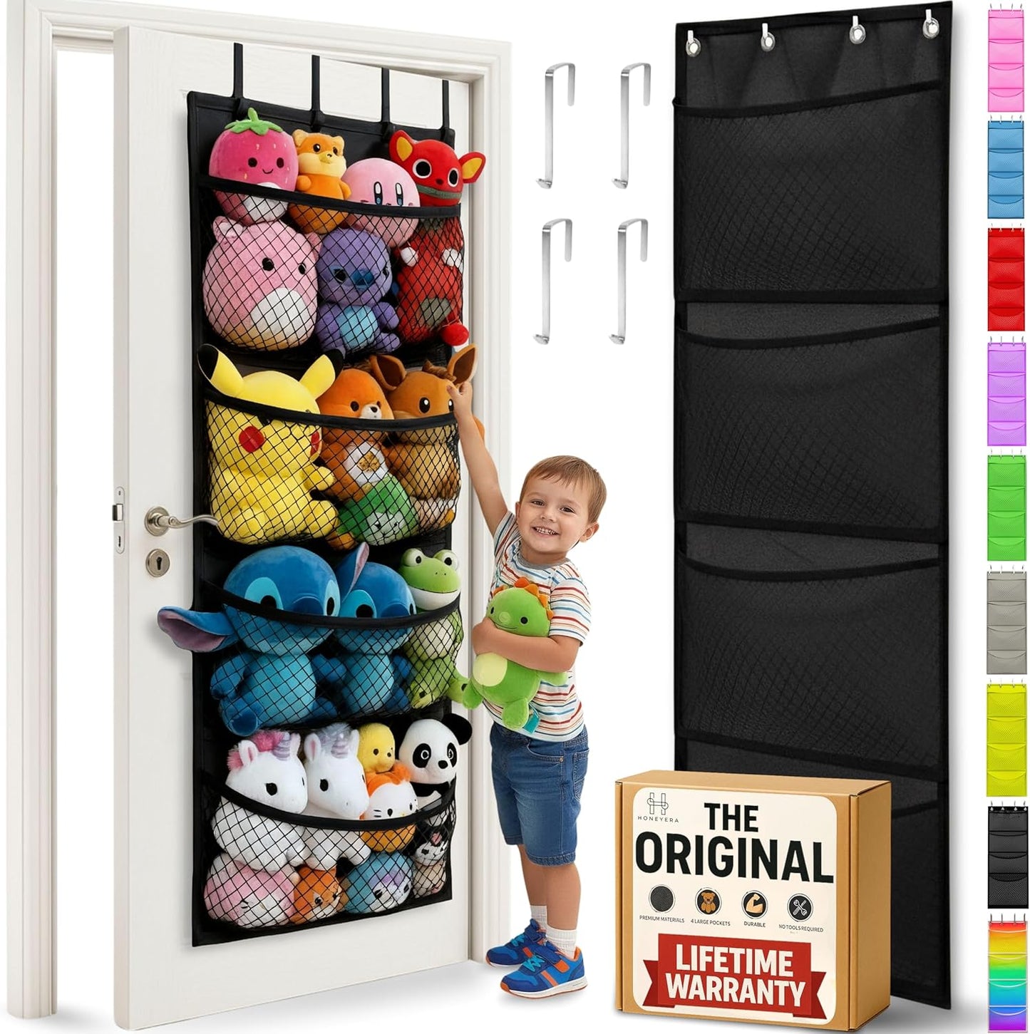 Honeyera The Original Stuffed Animal Storage (Patented) - Over Door Organizer for Stuffies, Toy Plush/Hammock Baby Hanging Storage Net Big Girls Toddler Large Bag Animals (Black)