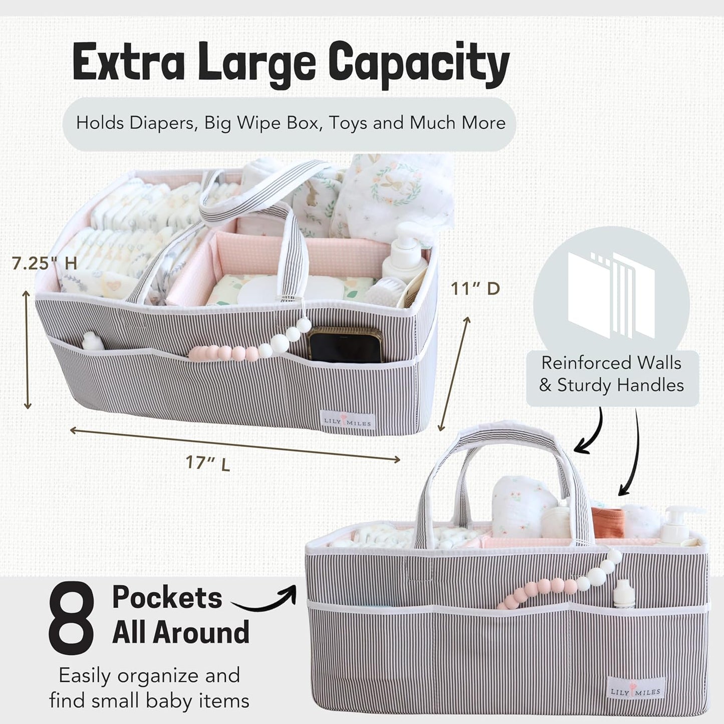Lily Miles Baby Diaper Caddy - Organizer Tote Bag for Baby Girl Essentials - Baby Shower Basket - Nursery Must Haves - Registry Favorites - Newborn Caddie Car Travel - Gray/Blush, Extra Large