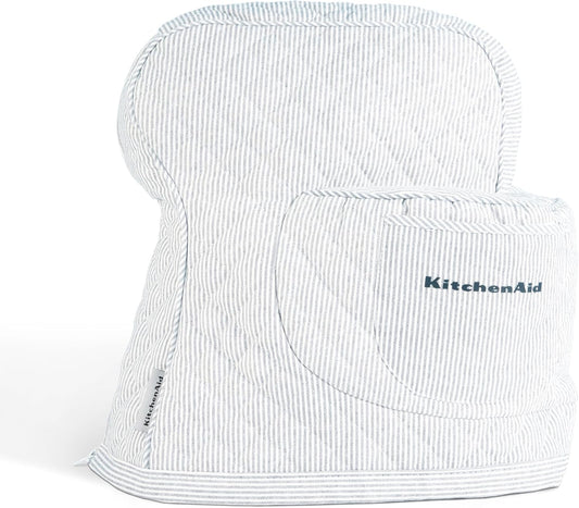 KITCHENAID Fitted Tilt-Head Stand Mixer Cover with Storage Pocket, Quilted 100% Cotton,14.4"x18"x10", Ticking Stripe Ink Blue
