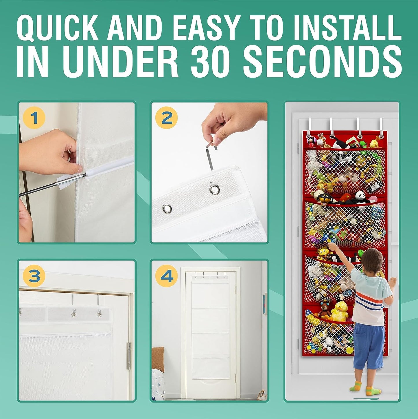 Honeyera Storage for Stuffed Animal - Over Door Organizer for Stuffies, Baby Accessories, and Toy Plush organizer/Easy Installation with Breathable Hanging Storage Pockets (SuperHero Red)