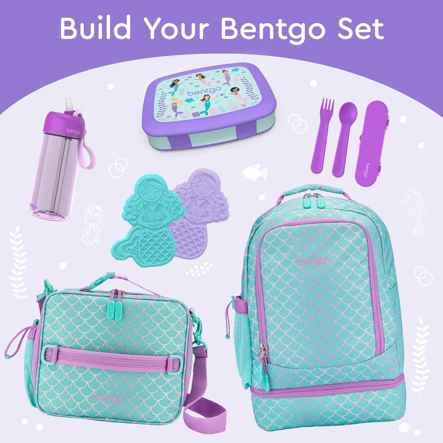 Bentgo Kids Prints Leak-Proof, 5-Compartment Bento-Style Kids Lunch Box - Ideal Portion Sizes for Ages 3-7, Durable, Drop-Proof, Dishwasher Safe, & PFAS & BPA-Free Materials (Mermaids in the Sea)