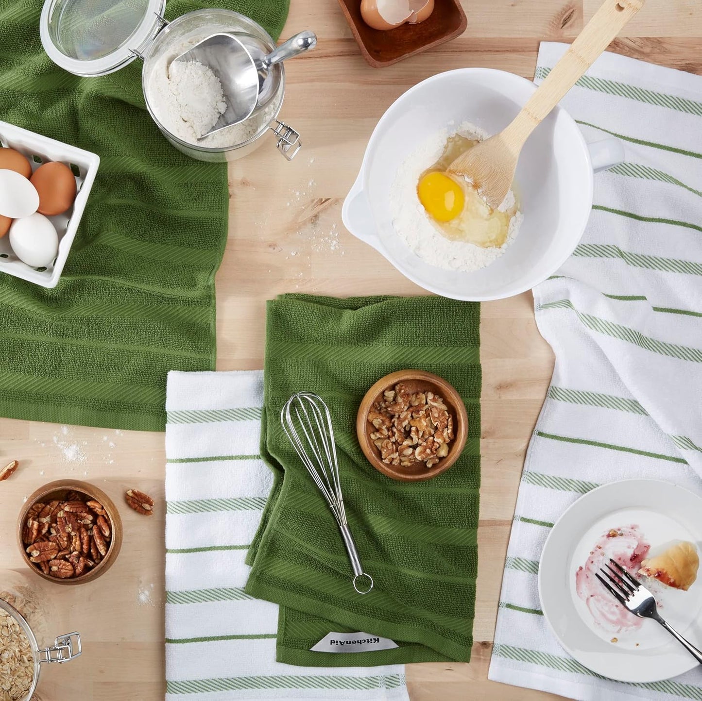 KitchenAid Albany Kitchen Towel 4-Pack Set, Matcha Green/White, 16"x26"