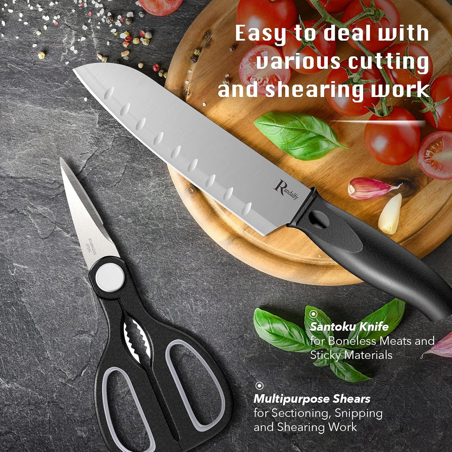 Kitchen Knife Set with Block, 7 Pieces Chef Knife Set with Knives, Scissor, Block for Meat/Vegetables/Fruits Chopping, Slicing, Dicing&Cutting
