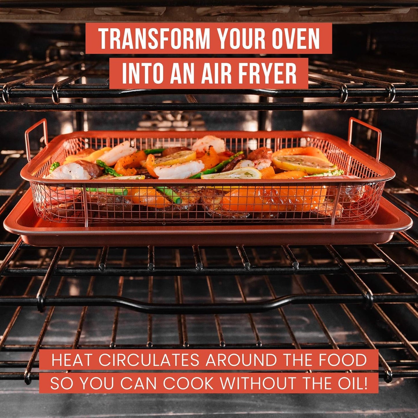 Chef Pomodoro Air Fryer Tray for Oven, Copper Crisper Tray, Air Fryer Pans for Toaster Oven, Air Fryer Basket and Tray 2-Piece Set, Air Fryer Baking Pan, Air Fryer basket for Oven (Rectangle)