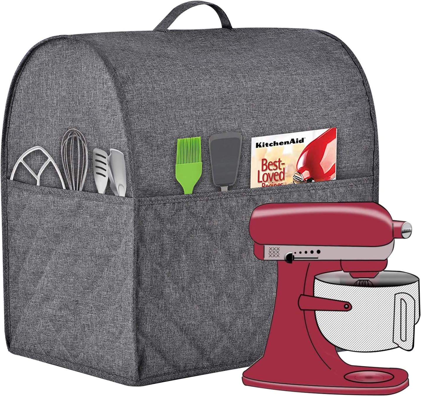 Stand Mixer Dust-proof Cover for KitchenAid Mixer，Multi Pockets for Various Kitchen Appliance Accessories，Water-resistant，Easy Cleaning (Grey, Fit for Bowl Lift 5-8 Quart)