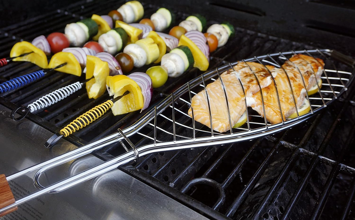 RSVP International Endurance® BBQ Basket, 6" x 14.75" | Fits 1 Whole Fish or Multiple Fillets | Made from Stainless Steel w/ Rosewood Handle | Holds Fish in Place for Perfect Roasting,Silver