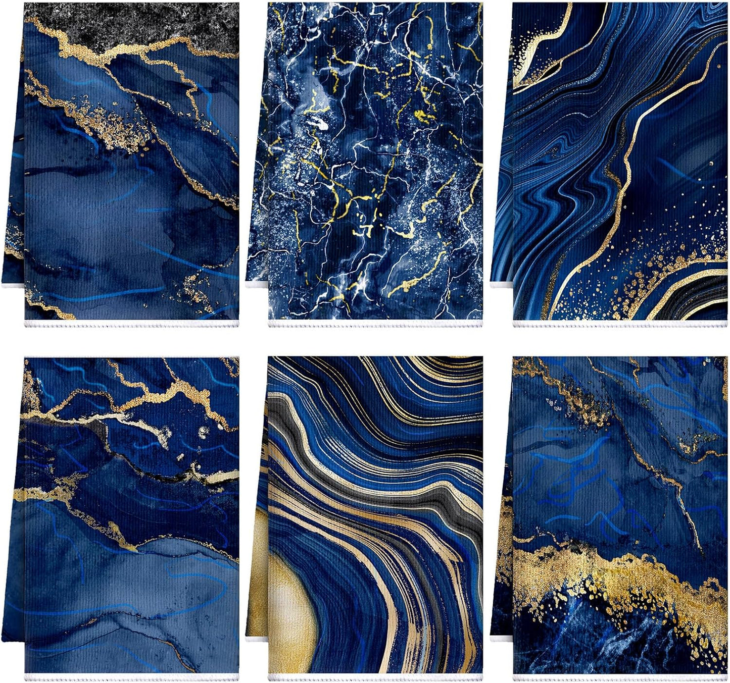 Boyiee Set of 6 Marble Kitchen Towels Blue Gold Hand Modern Absorbent Soft Decorative Dish Tea Towels 24 x 16 Inches Kitchen Gifts for Farmhouse Bathroom Decorations