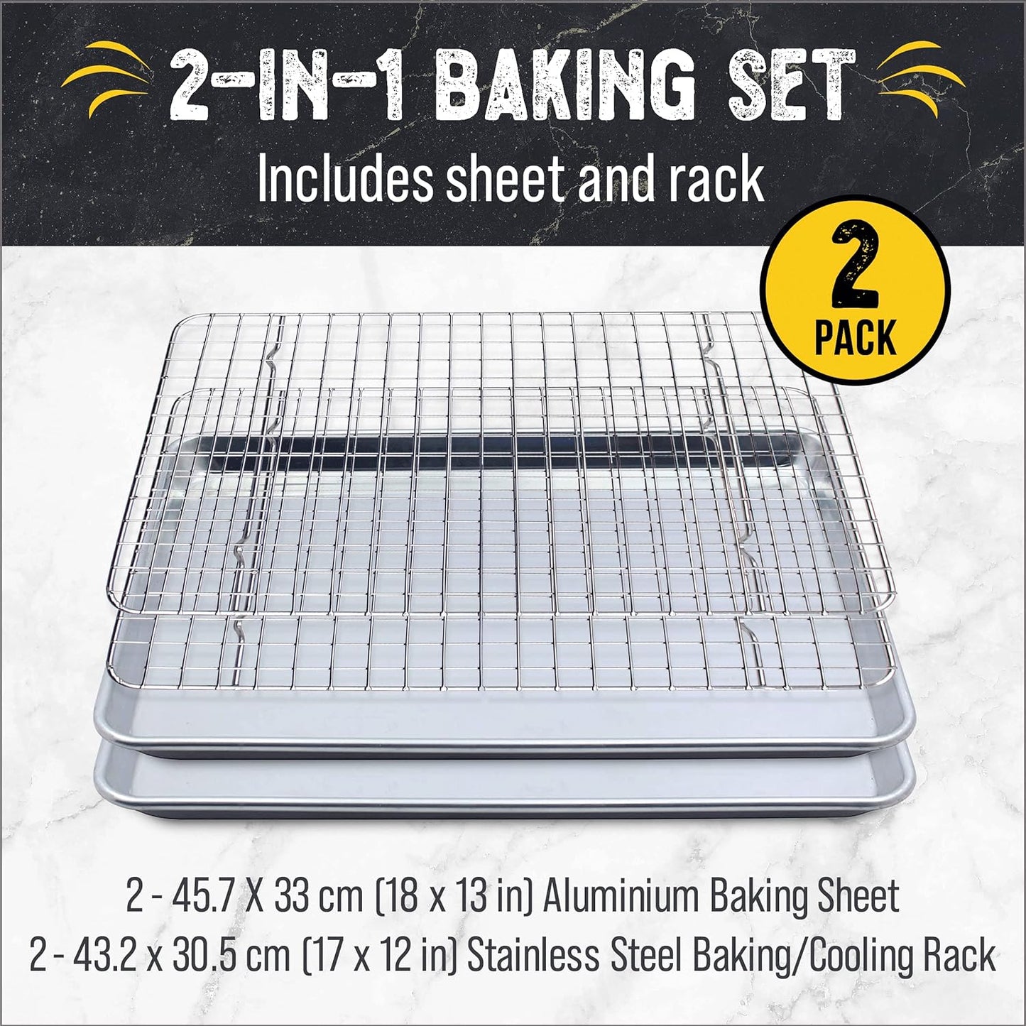 Checkered Chef Baking Sheet, 2 Pack Half Sheet Pan with Stainless Steel Wire Rack Set - Easy Clean Cookie Sheets for Baking