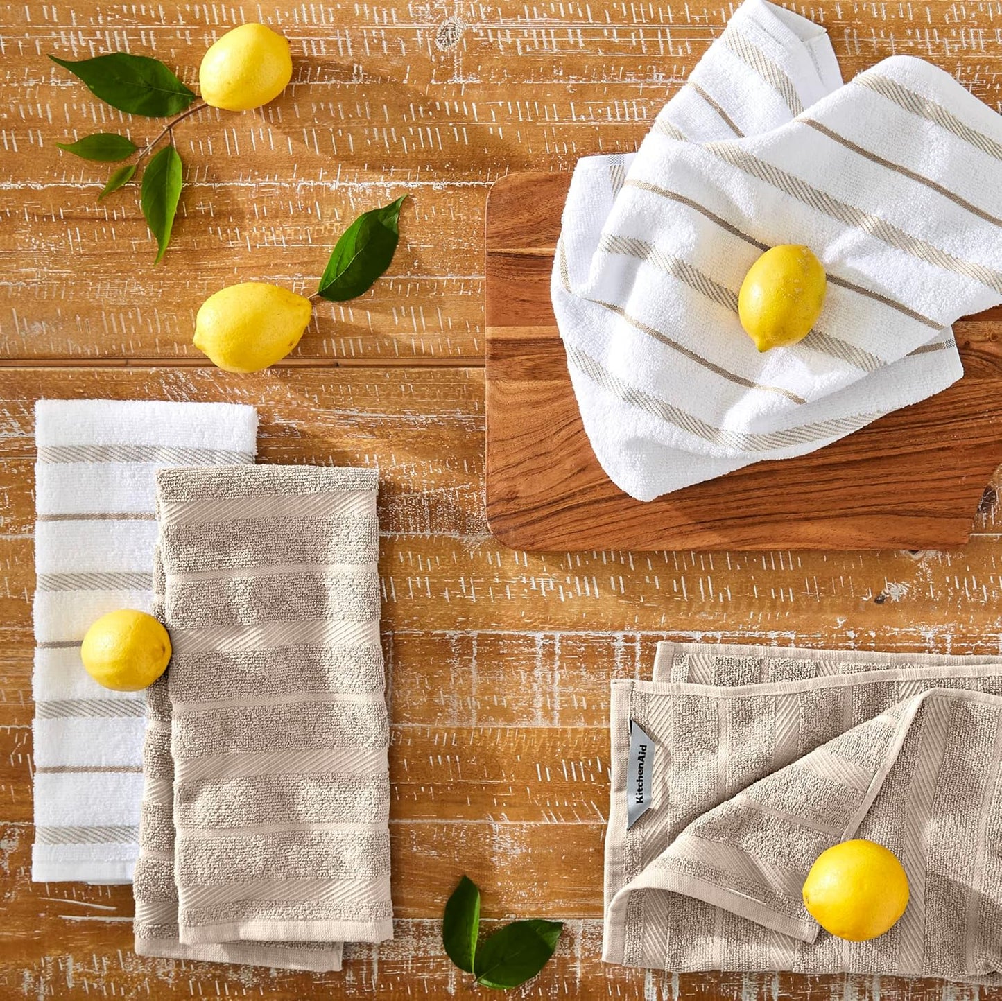 KitchenAid Albany Kitchen Towel 4-Pack Set, Milkshake Tan/White, 16"x26"