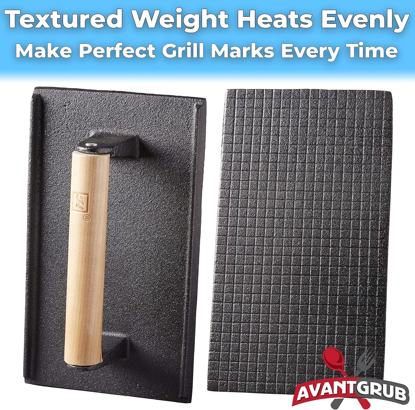 Pro Grade, Pre Seasoned Cast Iron Grill Weight 1Pk. Heavy Duty Steak and Burger Press with Wooden Handle for Grills, Griddles and Flattops. Perfect Gadget for Bacon, Paninis, Sandwiches and Vegetables