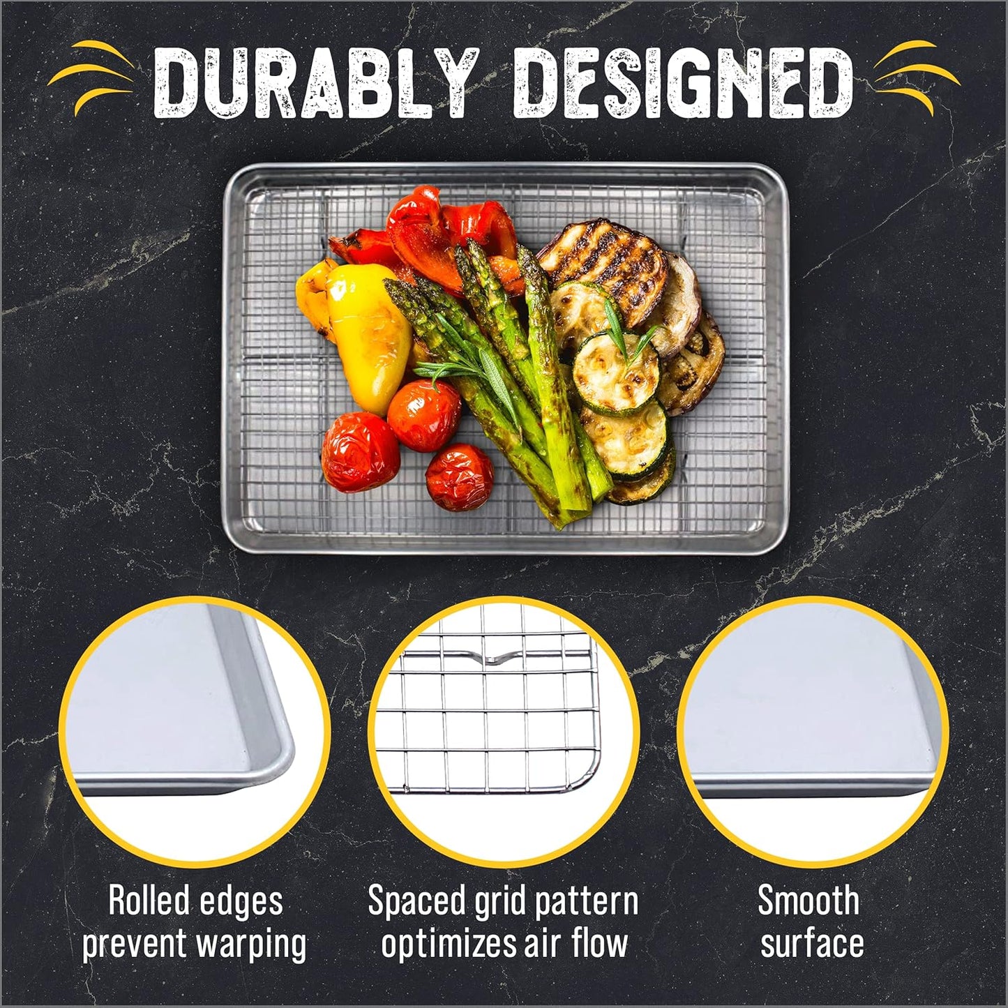 Checkered Chef Baking Sheet Pan and Cooling Rack - Half Sheet, 18" x 13" Aluminum Cookie Sheets and Stainless Steel Wire Rack for Baking